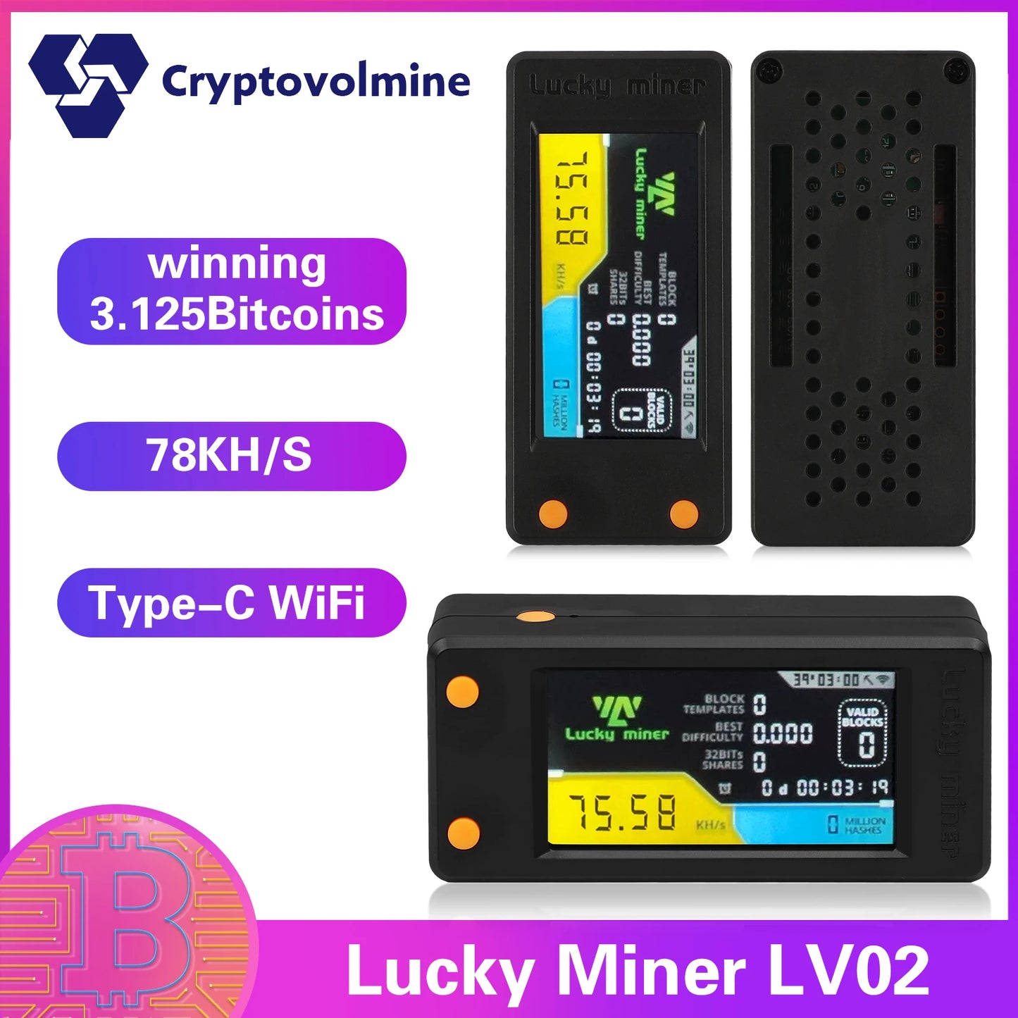 Bitcoins Miner Lotto Mining Device 78K/S 2.4G WiFi/Hotspot SHA-256 Asic Chip BM1366 Portable LV02 Micro Silent Cryptocurrency Ho