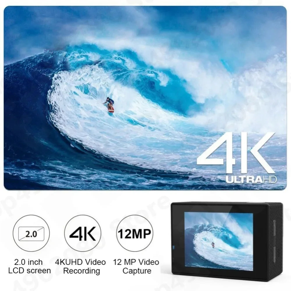 4K Ultra HD Action Camera 2.0-inch Screen Waterproof WiFi Remote Control 30fps/170D Underwater Helmet Sports Go Pro Video Ip Cam