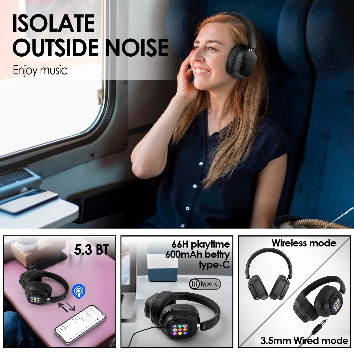 Siindoo JH-ANC930Plus Active Noise Cancelling Headphones, Hybrid Wireless Headphone With Multi Magnetic Touch Control LED Screen