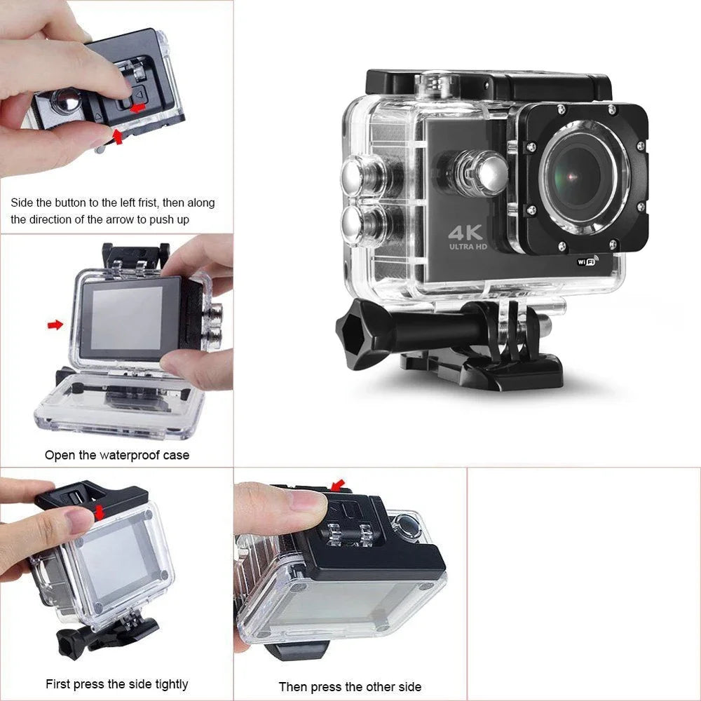 4K Ultra HD Action Camera 2.0-inch Screen Waterproof WiFi Remote Control 30fps/170D Underwater Helmet Sports Go Pro Video Ip Cam