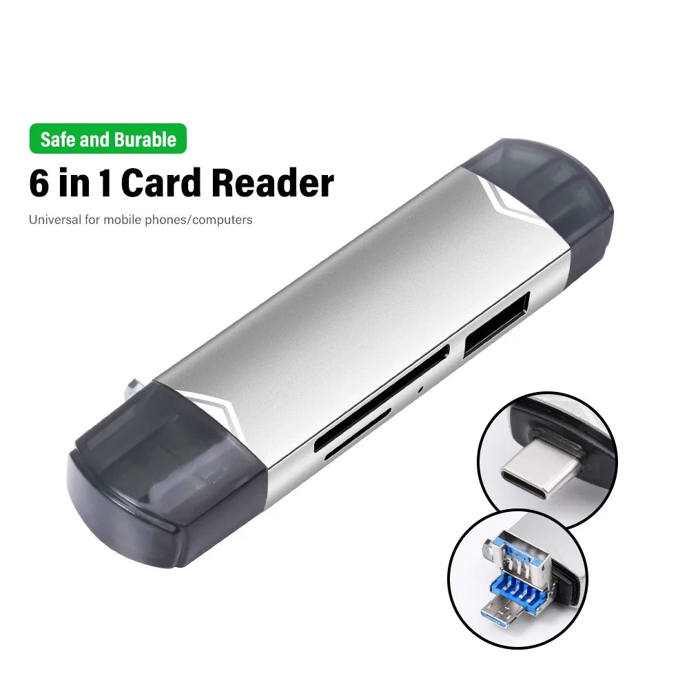 JASTER 6 In 1 Multifunction USB 3.0 Card Reader U Disk TYPE-C/Usb/Tf/Sd Flash Drive Memory Card for Adapter Phone Laptop Compute