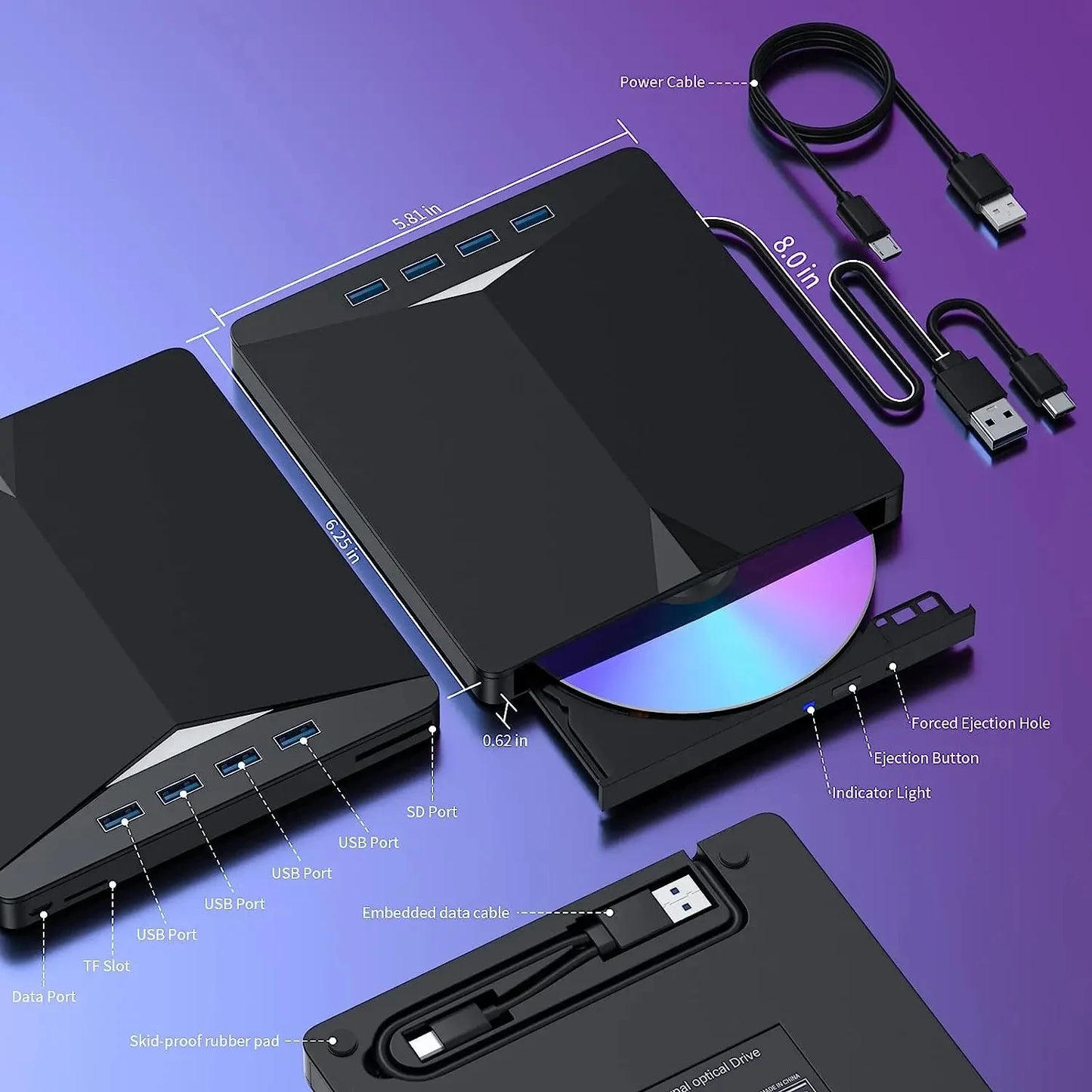 7-in-1 USB 3.0 Type-c external DVD RW optical drive burner reader player optical drive external PC laptop desktop