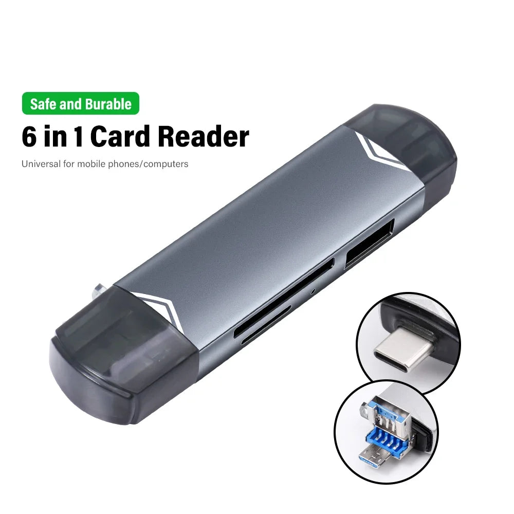 JASTER 6 In 1 Multifunction USB 3.0 Card Reader U Disk TYPE-C/Usb/Tf/Sd Flash Drive Memory Card for Adapter Phone Laptop Compute