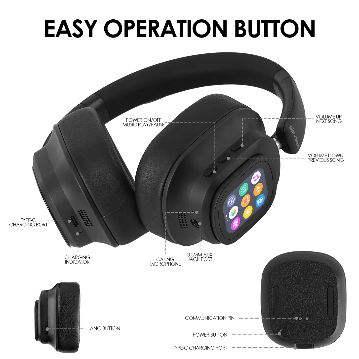 Siindoo JH-ANC930Plus Active Noise Cancelling Headphones, Hybrid Wireless Headphone With Multi Magnetic Touch Control LED Screen