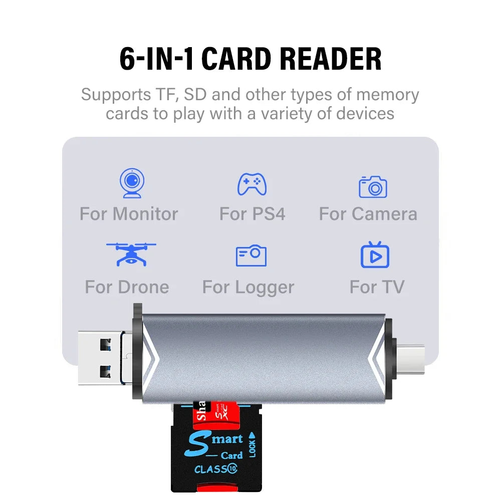 JASTER 6 In 1 Multifunction USB 3.0 Card Reader U Disk TYPE-C/Usb/Tf/Sd Flash Drive Memory Card for Adapter Phone Laptop Compute
