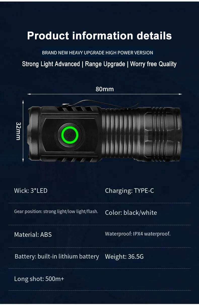 Portable Mini LED Flashlight 3LED Ultra Strong Light Flash Light USB Rechargeable Built-in Battery with Pen Clip