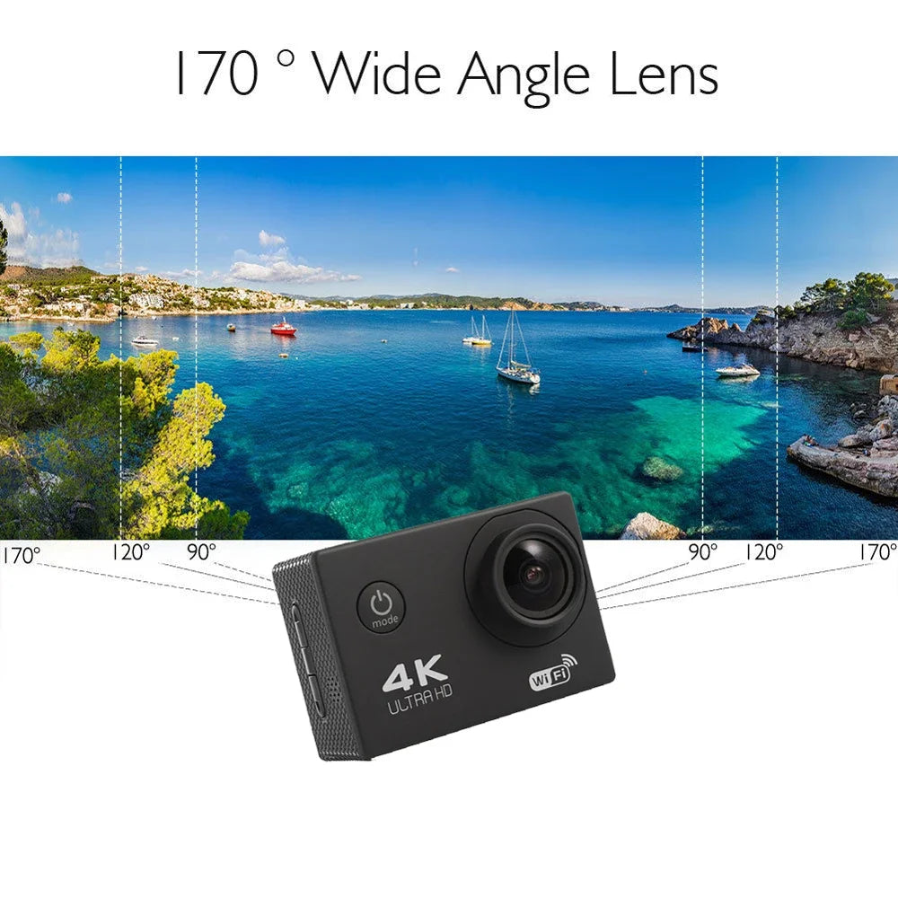 4K Ultra HD Action Camera 2.0-inch Screen Waterproof WiFi Remote Control 30fps/170D Underwater Helmet Sports Go Pro Video Ip Cam