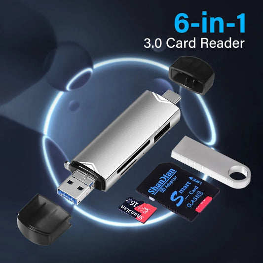 JASTER 6 In 1 Multifunction USB 3.0 Card Reader U Disk TYPE-C/Usb/Tf/Sd Flash Drive Memory Card for Adapter Phone Laptop Compute