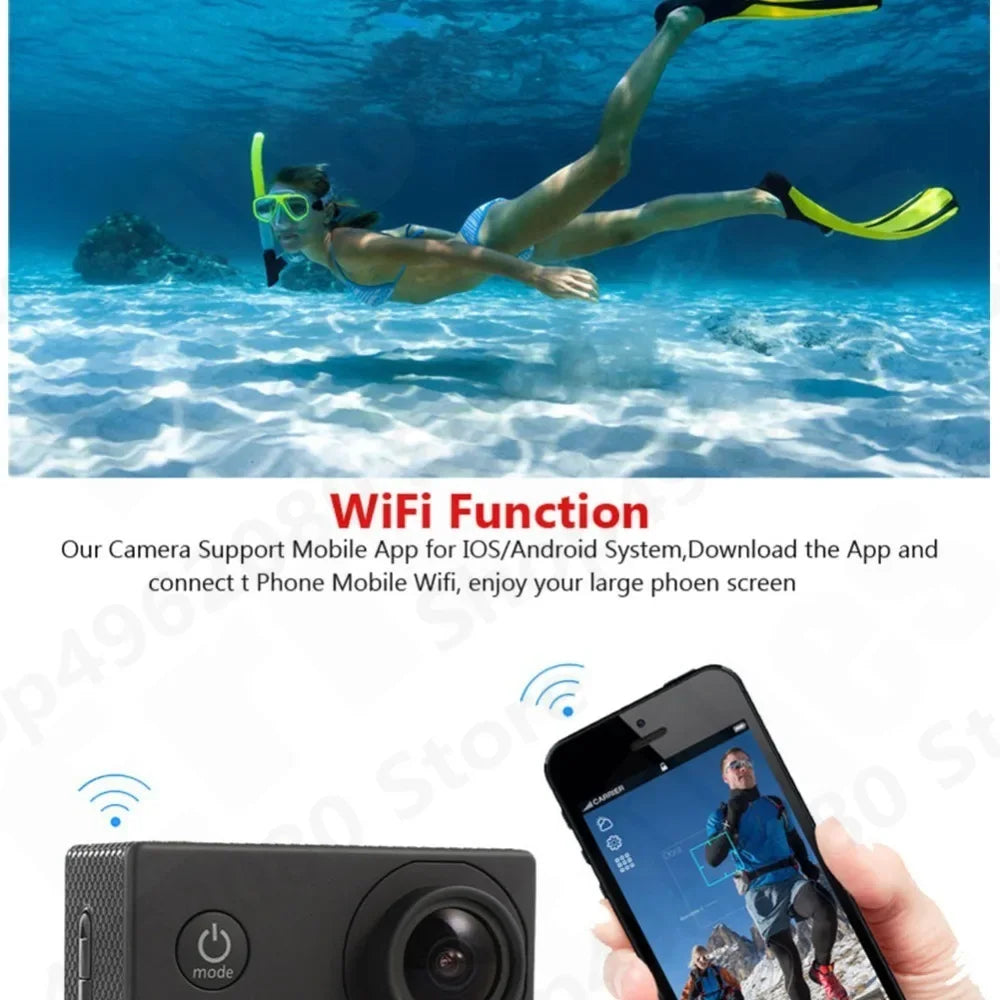 4K Ultra HD Action Camera 2.0-inch Screen Waterproof WiFi Remote Control 30fps/170D Underwater Helmet Sports Go Pro Video Ip Cam